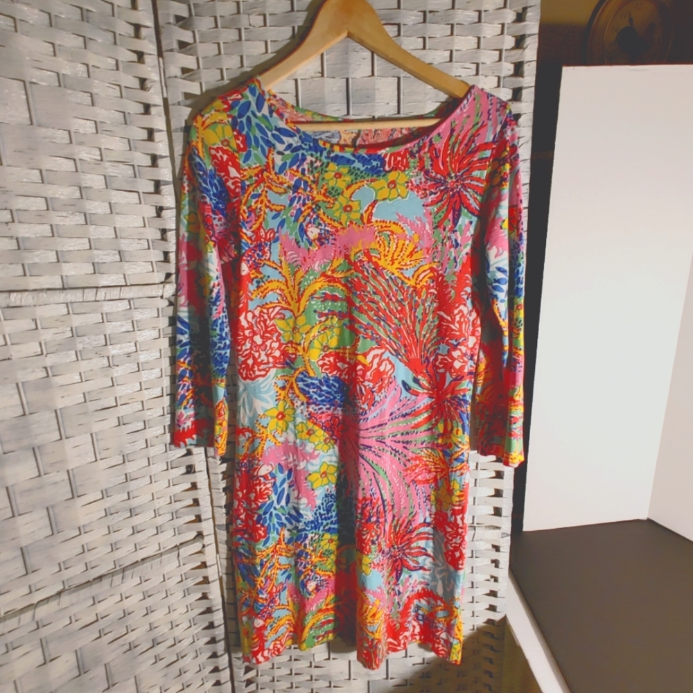 Lilly Pulitzer MarloweTShirt Style Dress Colorful 3/4 Sleeve Pink Tones Size S